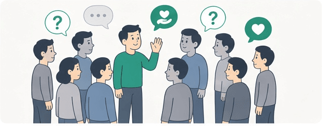 A founder standing in the middle of a crowd, greeting people and asking questions