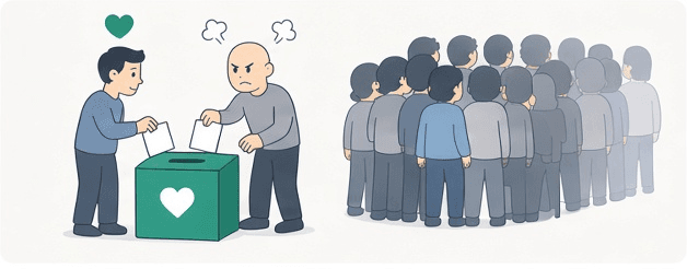 Two users posting into a suggestion box while a crowd walks away in silence