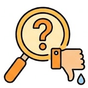 A magnifying glass over a question mark beside a thumbs-down