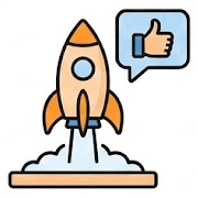 A rocket taking off beside a thumbs-up speech bubble